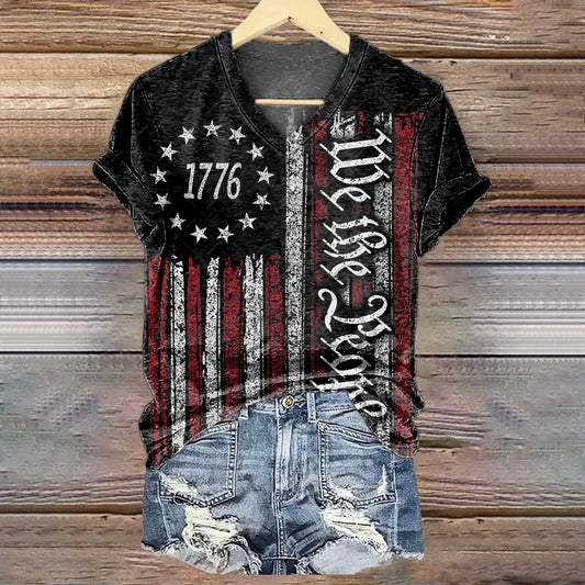 Women's 1776 Pattern Art Print V-Neck Casual T-Shirt