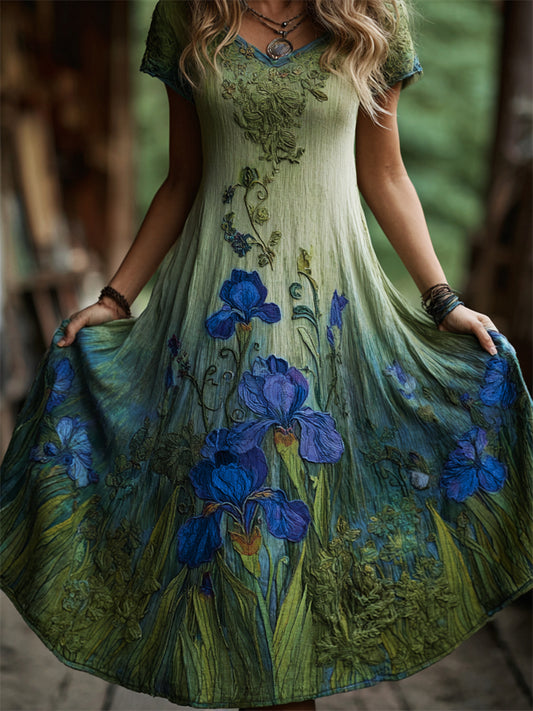 Oil Painting Inspired Irises Embroidered Flowy Linen Dress
