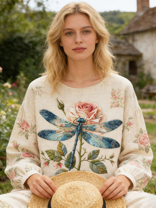 Boho Dragonfly & Floral Vintage Pattern Women's Linen Long Sleeve Shirt elevenforest