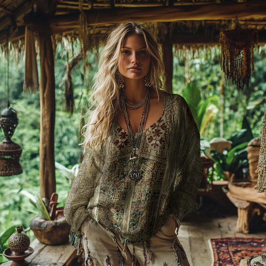 Retro Bohemian Resort Floral Art Print Cotton And Linen Blend Loose Blouse elevenforest