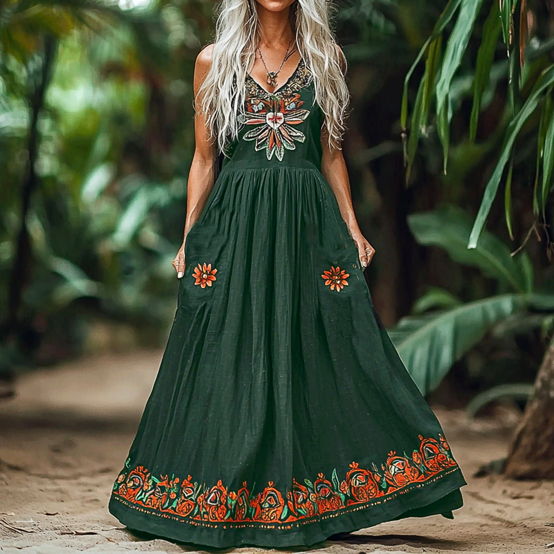 Bohemian Floral Embroidery Sleeveless  Cozy Linen Maxi Dress elevenforest
