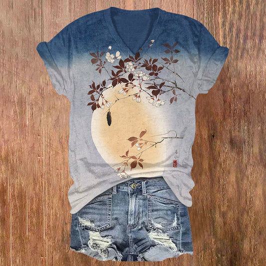 Plum Blossoms And Full Moon Gradient Japanese Art Print Short Sleeved V-neck T-shirt elevenforest