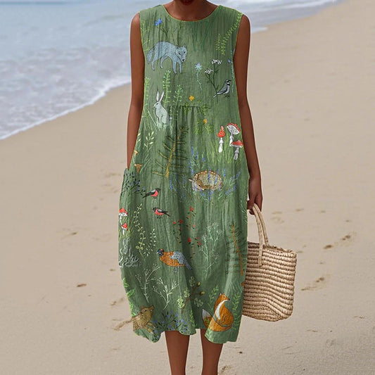 Women's Vintage Flowers Bee Art Print Linen Tank Dress elevenforest
