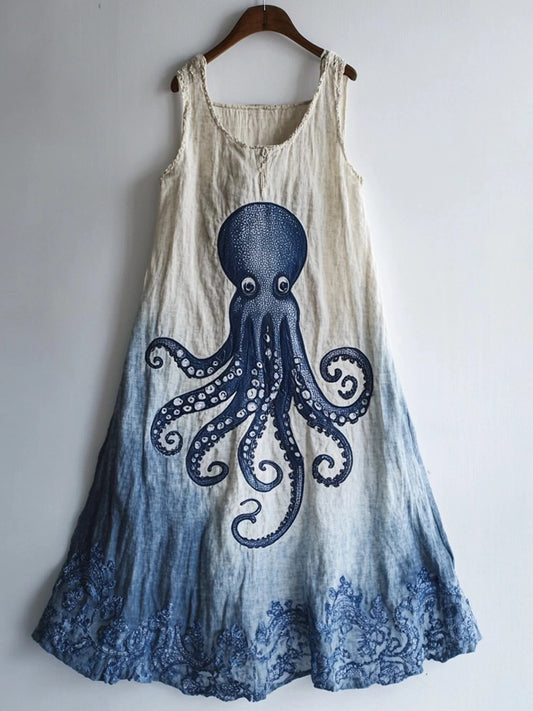 Octopus Pattern Linen Blend Contrast Color Dress elevenforest