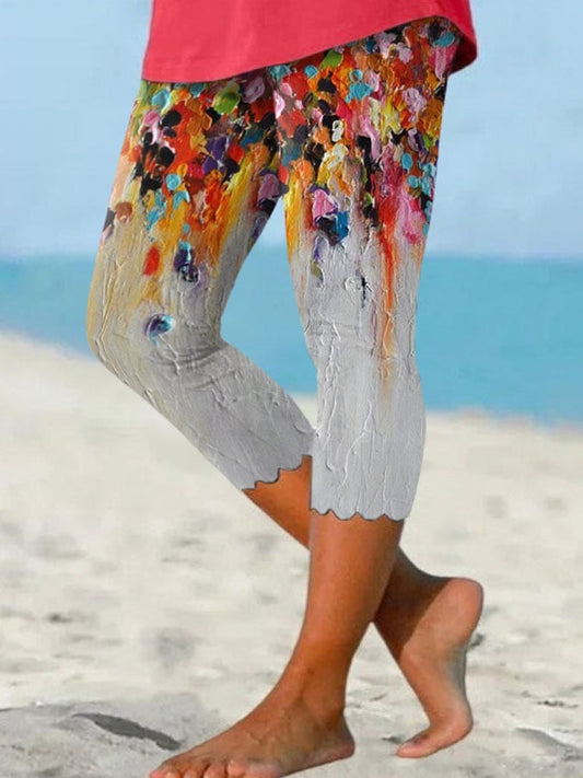 Floral Oil Painting Wavy Edge Print Leggings