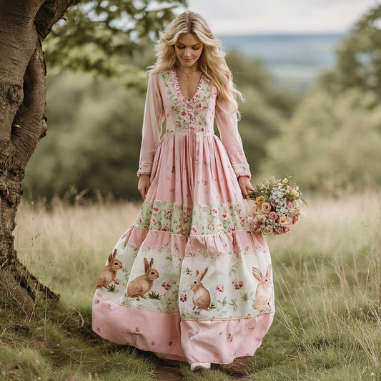 Vintage Bunny With Floral Art Women's Linen Long Sleeve Maxi V-neck Dress elevenforest