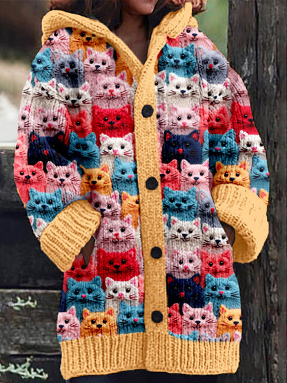 KS | Knitted coat with button placket and playful cat print