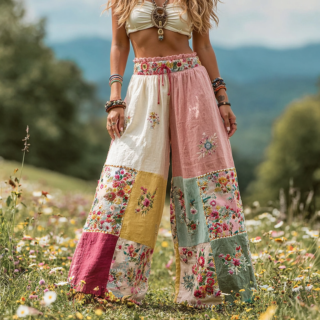 Women's Vintage Floral Patch Art Linen Casual Wide Leg Pants elevenforest