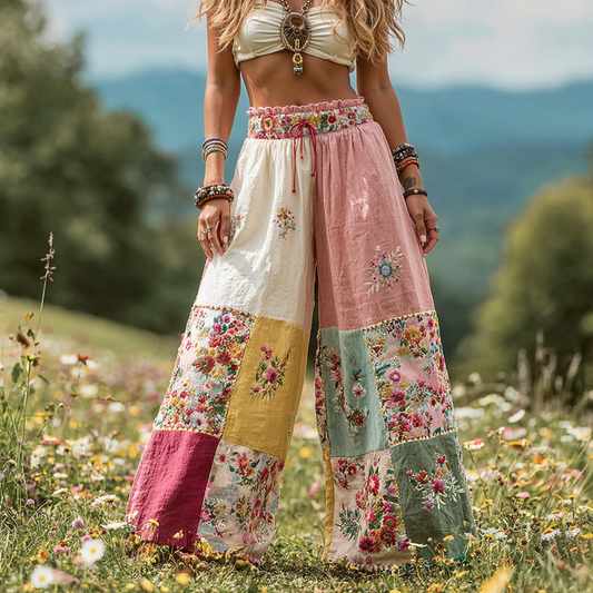 Women's Vintage Floral Patch Art Linen Casual Wide Leg Pants elevenforest