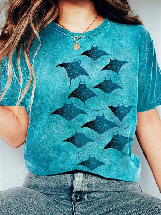 Manta Rays Print Casual Cotton T-Shirt elevenforest