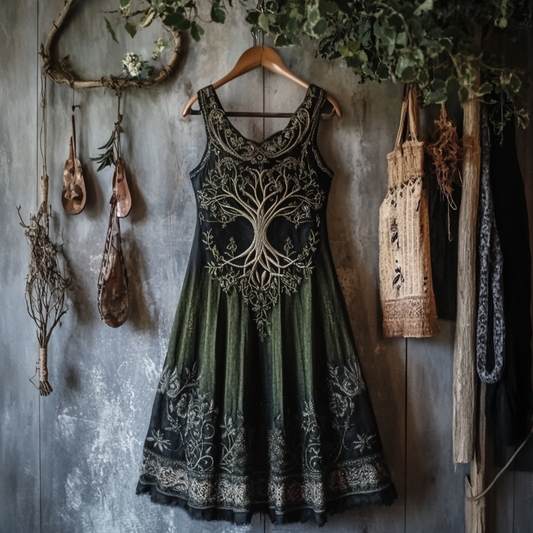 Vintage Tribal Celtic Knot Life Of Tree Lace Patchwork Art Linen Tank Dress elevenforest