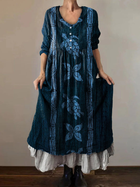 Women's Sea Turtle Art Print V-Neck Button Pocket Cotton Dress