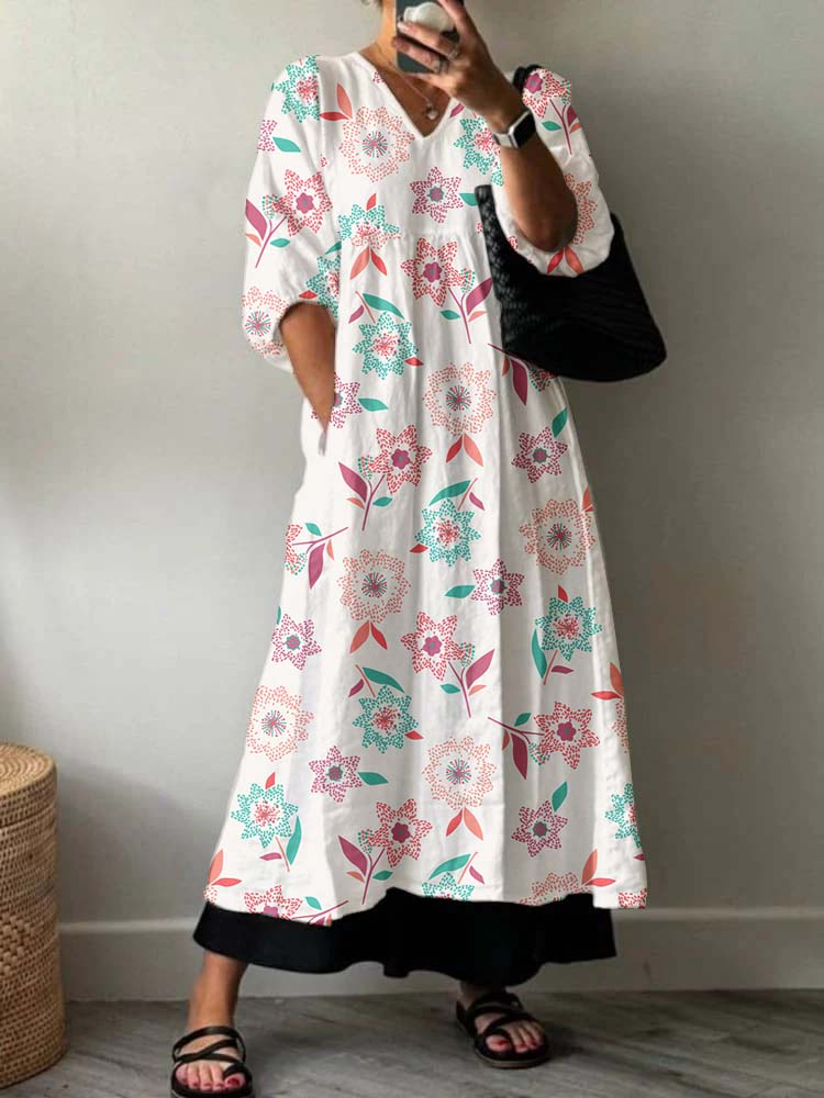 Women's Artistic Holiday Floral Pattern Cotton Dress