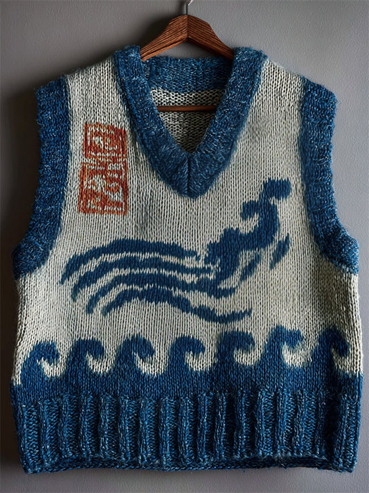Japanese Sea Waves Lino Art Contrast Cozy Knit Vest elevenforest