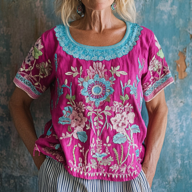 Vintage Floral Art Print Casual Linen Blend Shirt elevenforest