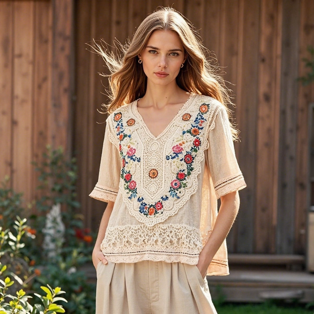 Vintage Bohemian Floral Embroidered Linen V-neck Shirt elevenforest