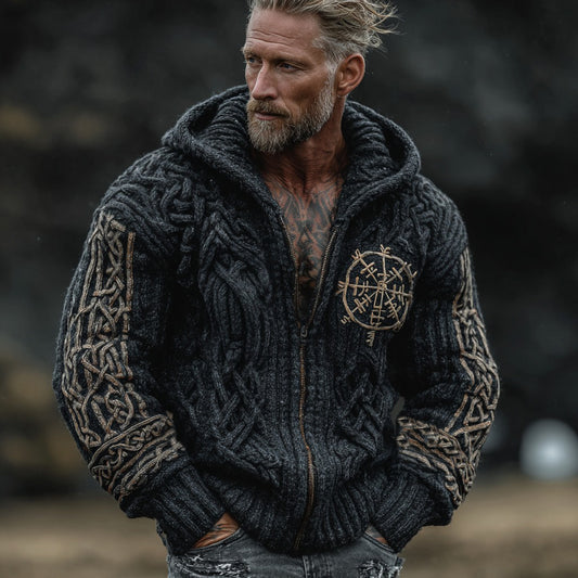 Vintage Viking VegvÍsir Celtic Knot Full Zip Comfy Knit Hoodie elevenforest