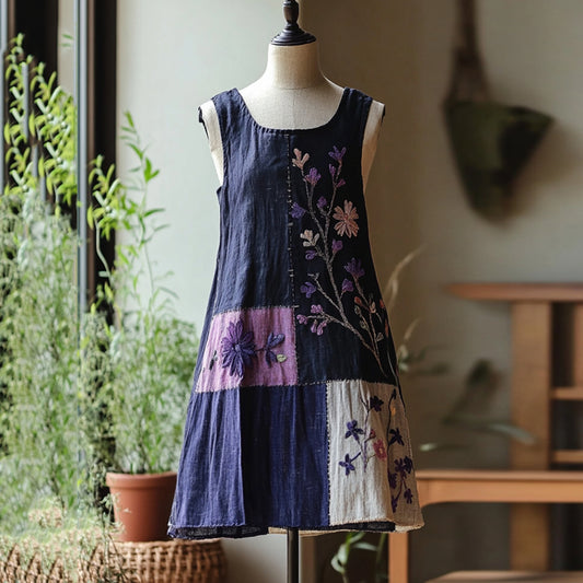 Violet Floral Patchwork Linen Tank Maxi Dress elevenforest