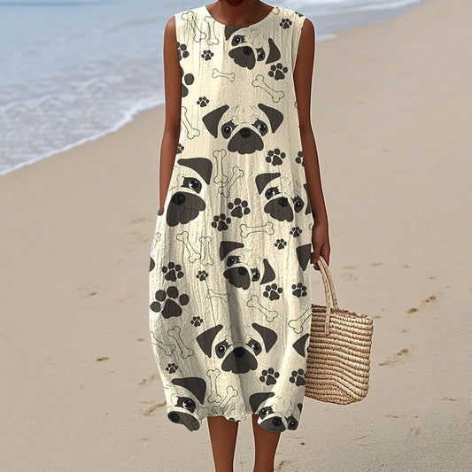 Women's Cute Pug Dog Art Print Dress elevenforest
