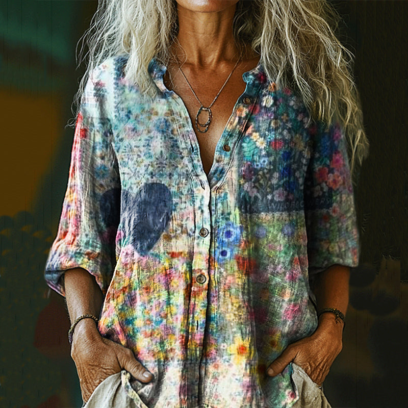 Women's Retro Mushroom Print Casual Cotton And Linen Shirt elevenforest