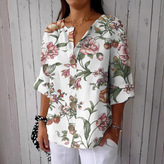 Women's Floral Print Button Linen Blend Casual Shirt elevenforest