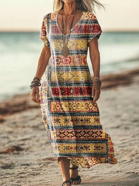 Women's Vintage Bohemian Pattern Art Print Pocket Cotton Dress