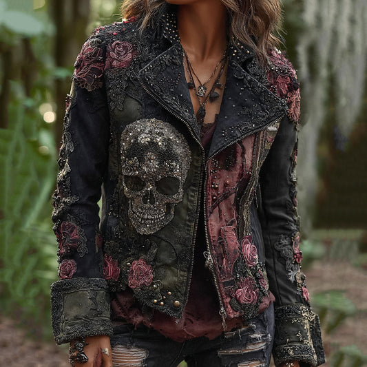 Rose Skull Embroidered Patchwork Gothic Rock Lapel Denim Jacket elevenforest