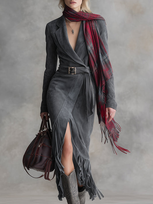 Fashionable Lapel Gray Faux Suede Fringed Hem Maxi Dress