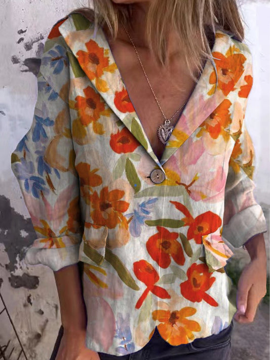 Women's Vintage Art Floral Linen And Cotton Pocket Coat