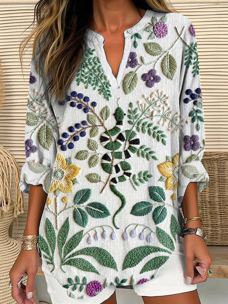 Women's Snake & Floral Japanese Embroidery Linen Blend Shirt elevenforest