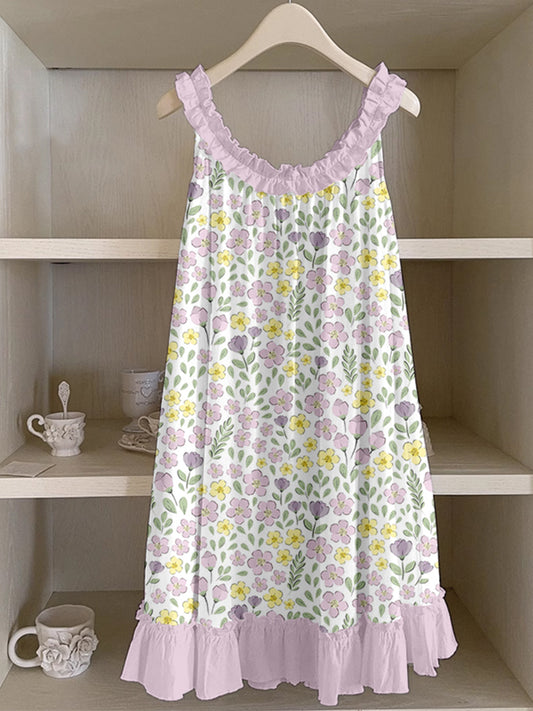 Vintage Floral Pattern Ruffle Trim Linen Dress elevenforest