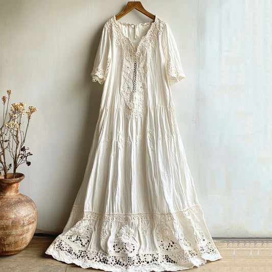 Elegant Floral Lace Cutout Linen Dress elevenforest