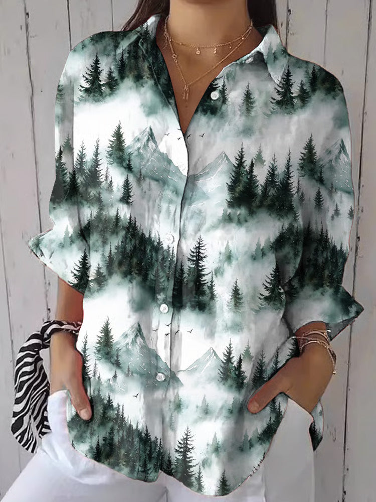 Women's Casual Forest Mountain Printed Shirt elevenforest