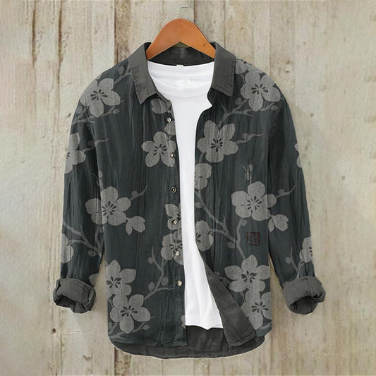 Men's Vintage Japanese Art Blossom Button Casual Linen Blend Shirt elevenforest