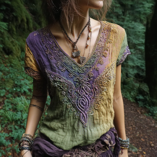 Vintage Viking Celtic Knot Gradient Art Women's Linen V Neck T-shirt elevenforest