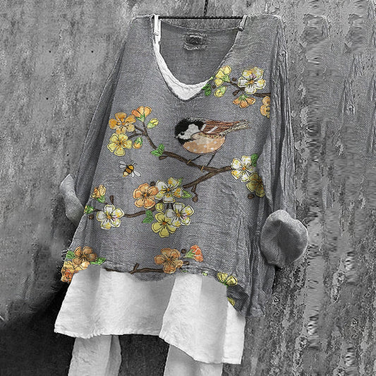 Comstylish Women's Flower & Bird Patch Embroidery Art V-neck Linen Blend Shirt