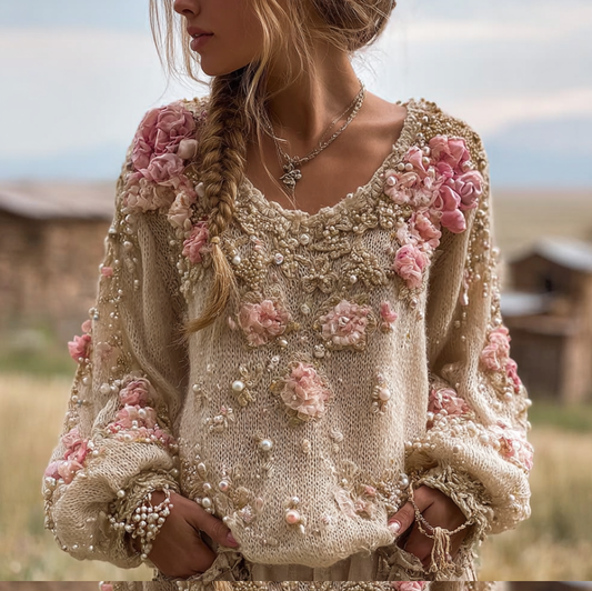 Bohemian Style Round Neck Long Sleeve 3d Floral Design Women's Sweater elevenforest