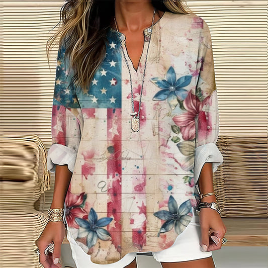 Vintage Independence Day Flag Flower Print Long Sleeve Blouses elevenforest