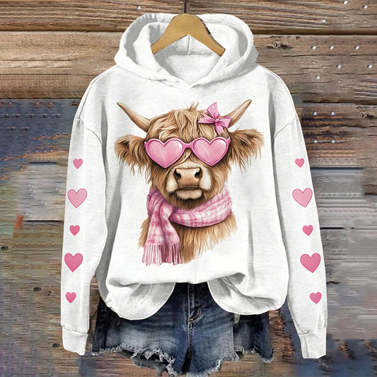 Comstylish Women's Valentine's Day Highland Cow Print Long Sleeve Hoodie
