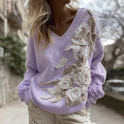 Women's White Rose Knitted Warm V-neck Sweater elevenforest