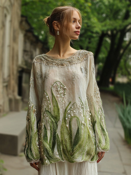 Elegant Lily Of The Valley Embroidered Linen Tunic elevenforest