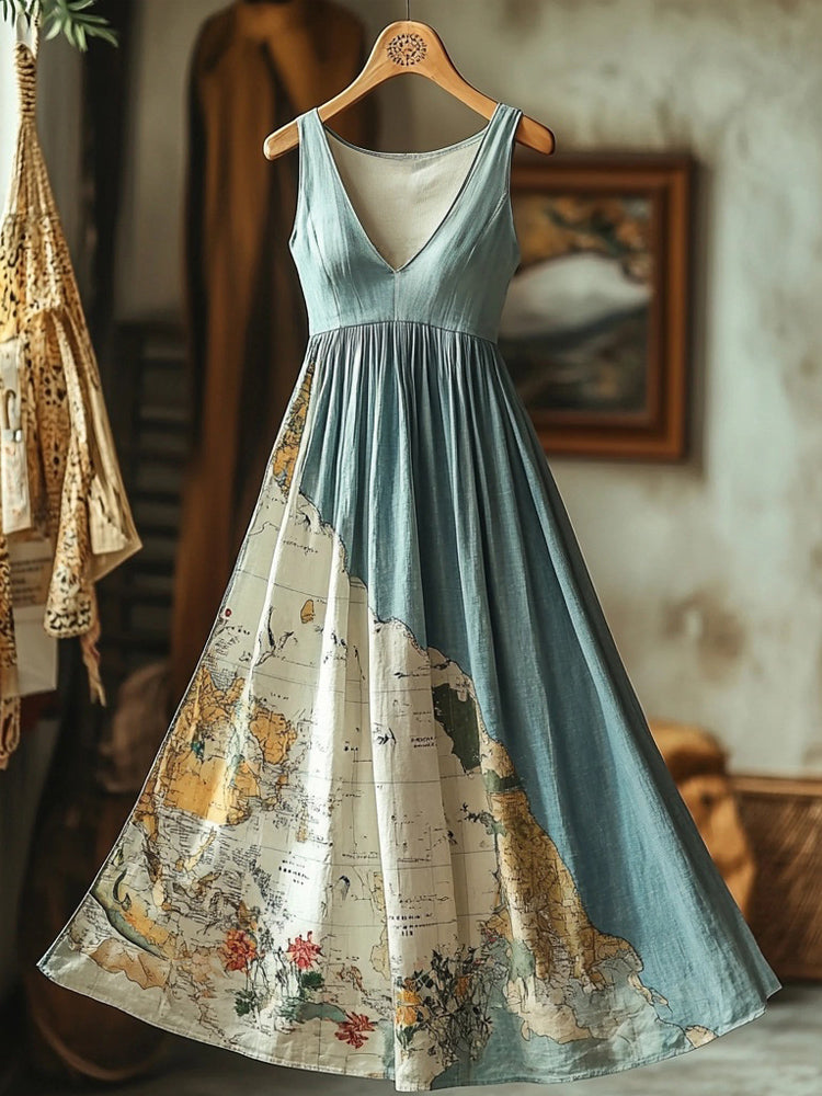 Vintage Old Map Inspired Linen Maxi Dress elevenforest
