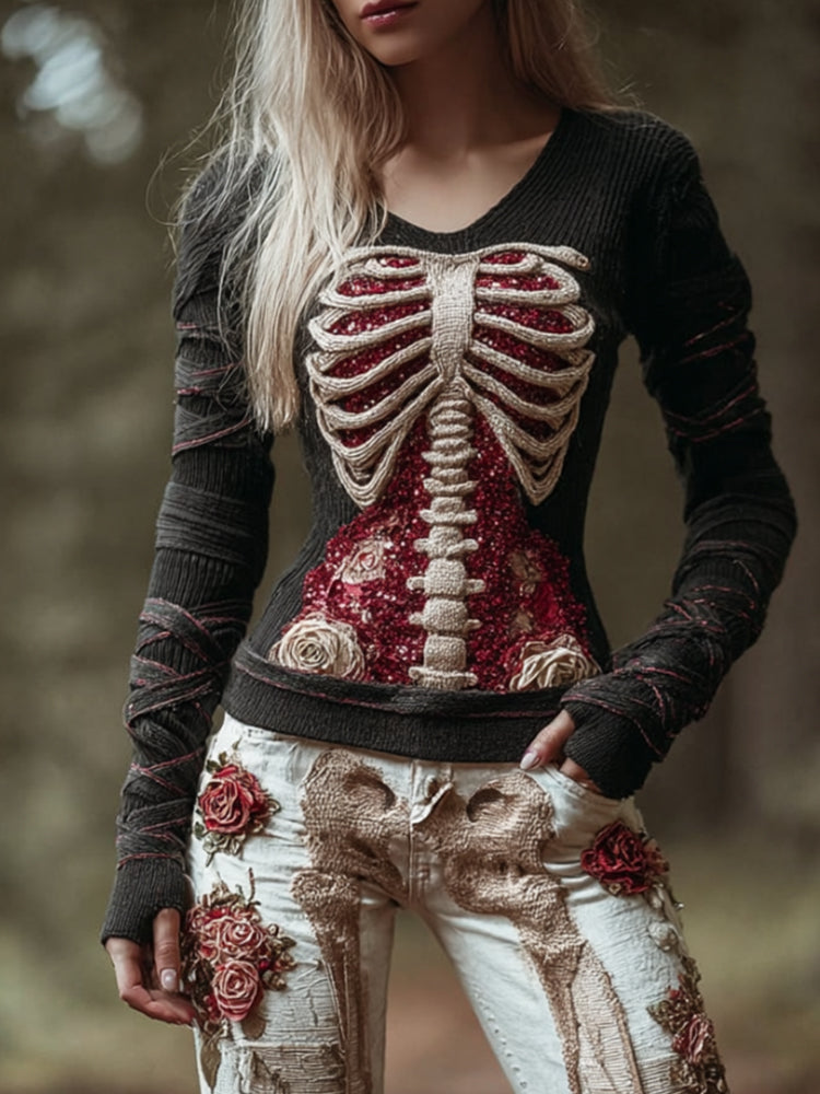 Comstylish Women's Halloween Skeleton Bandage Shining Black Knitted Sweater