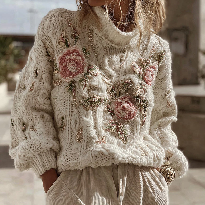 Women's Vintage Pink Rose Art Cozy Knit Turtleneck Sweater artswardrobe