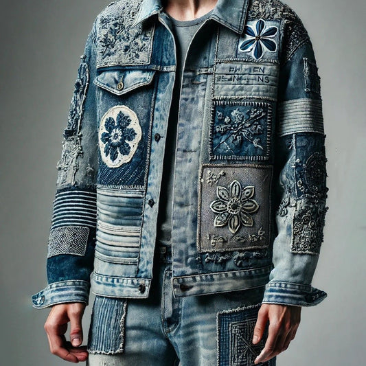 Men's Retro Vintage Floral Patchwork Art Denim Jacket elevenforest