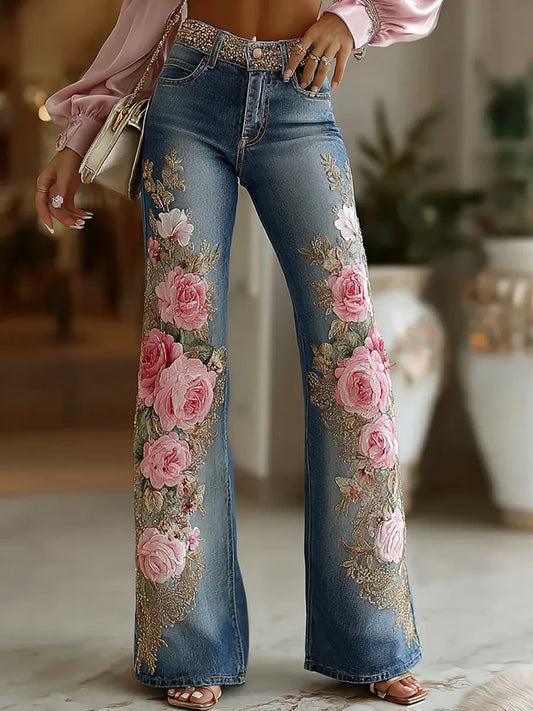 Women's Vintage Floral Pattern Art Print Casual Cotton Denim Jeans