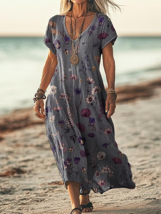 Women's Floral Art Pattern Print Pocket Cotton Dress