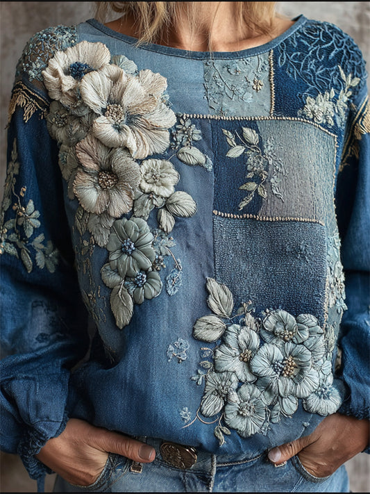 Vintage Floral Embroidered Colorblock Patchwork Linen Tunic