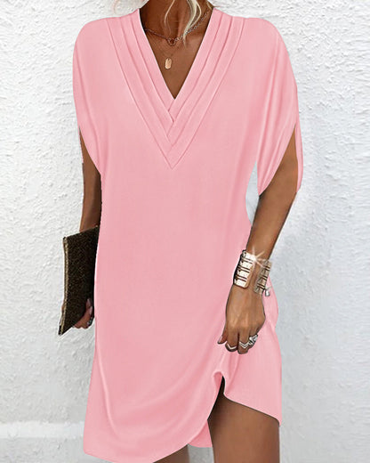KS | Elegant pleated summer mini dress with V-neckline