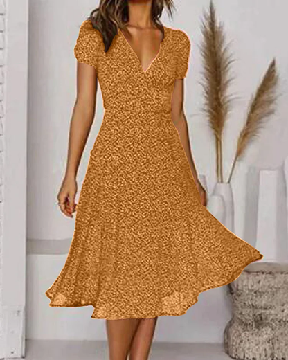 KS | Printed chiffon dress with short sleeves and V-neckline